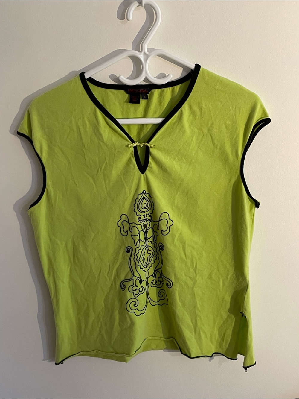 Simon Chang Y2K Lime Green Sleeveless Embroidered V-Neck Tank